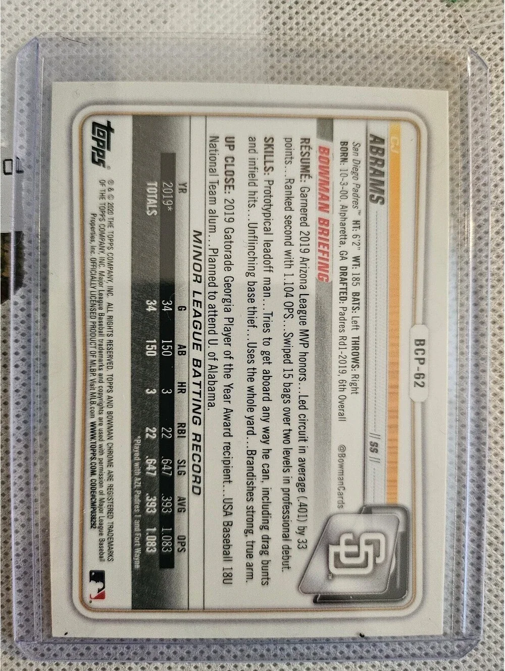 2020 Bowman #BCP-62 - CJ Abrams - Chrome Prospects San Diego Padres RC